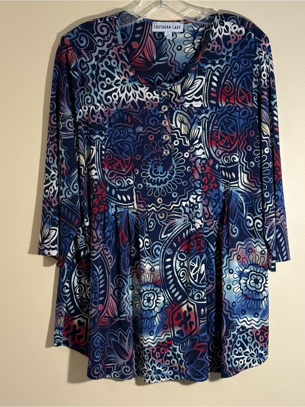 Southern Lady Blue & Red Paisley Mandala Tunic Top Size-L